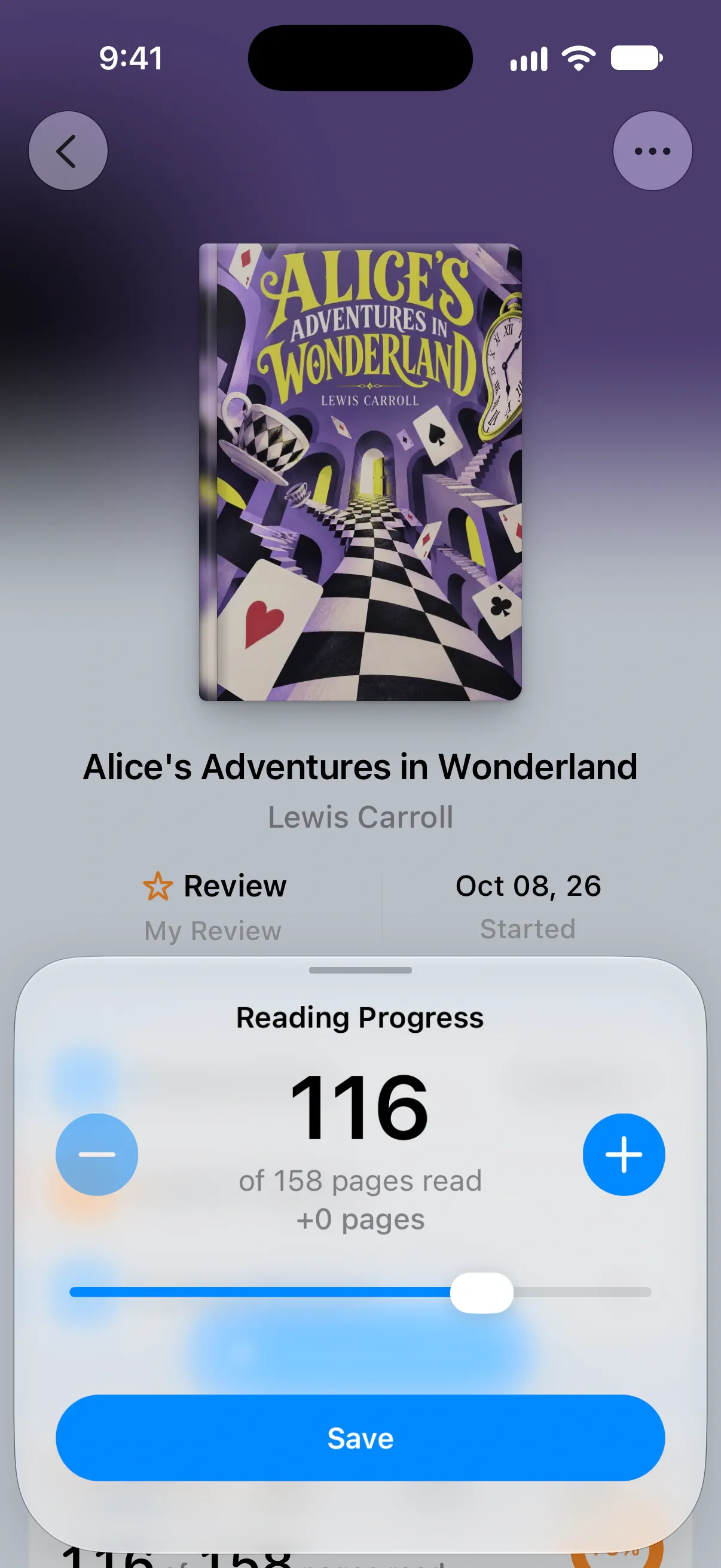 Your progress: Log where you left off in pages, percentage or listening time.