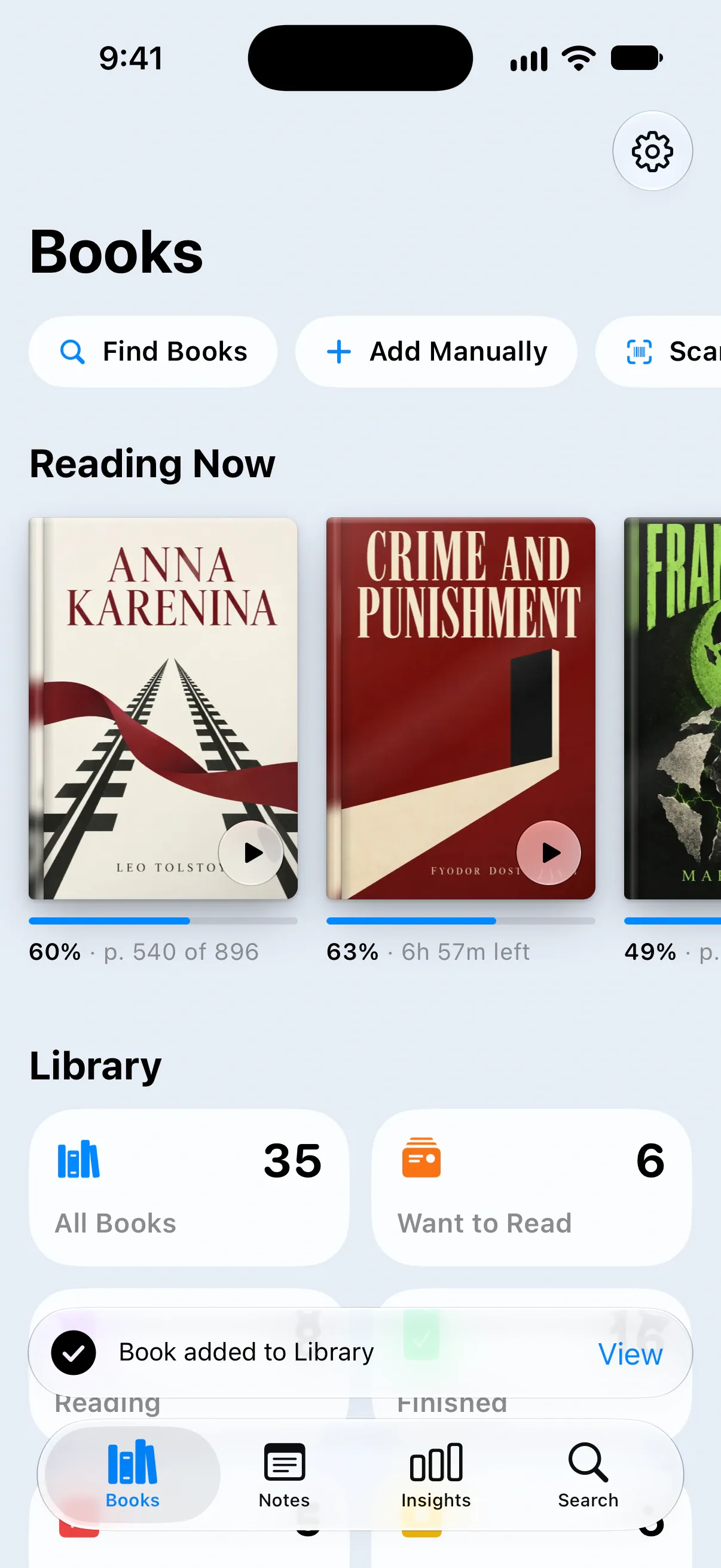 The Books tab with a Book added to Library message and a View button