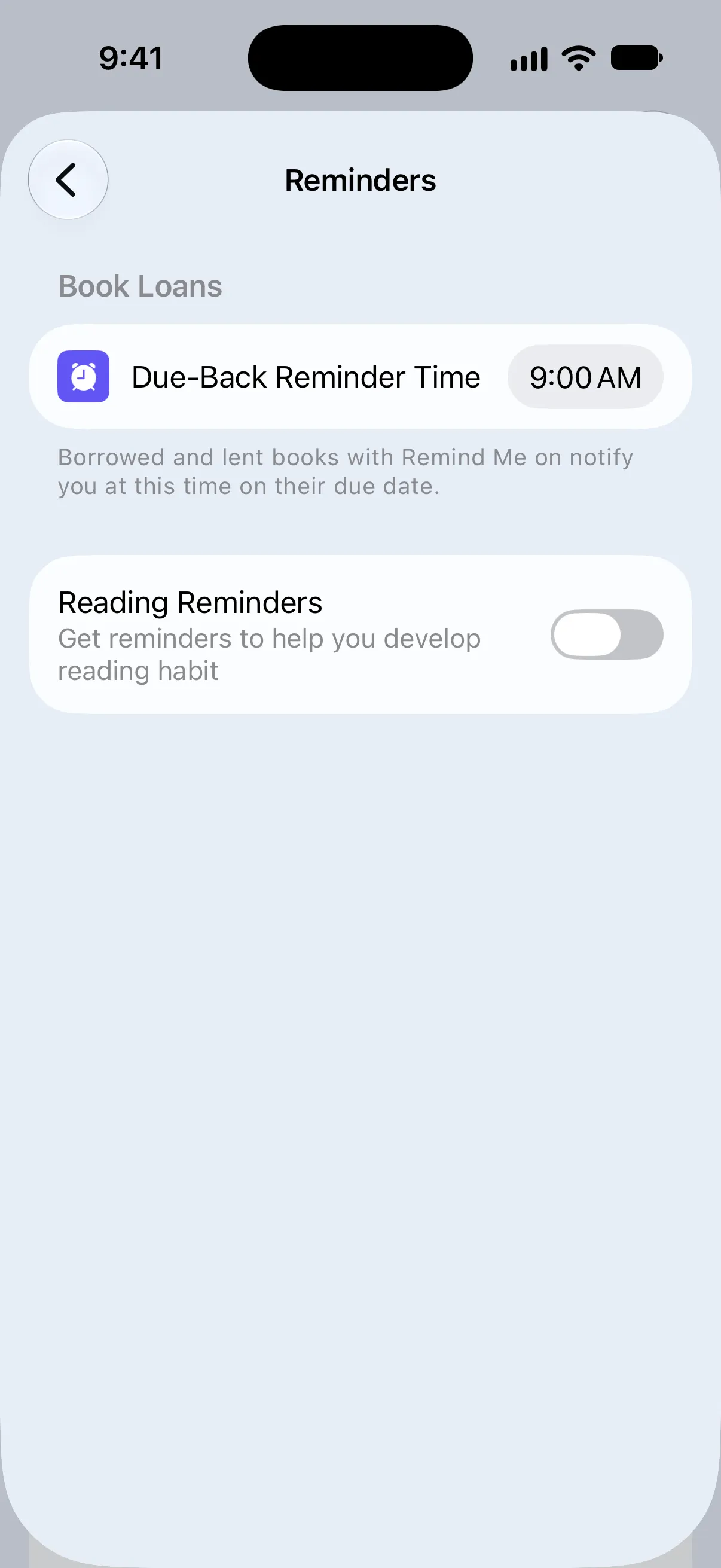 Reminders in Settings with Due-Back Reminder Time set to 9:00 AM under Book Loans