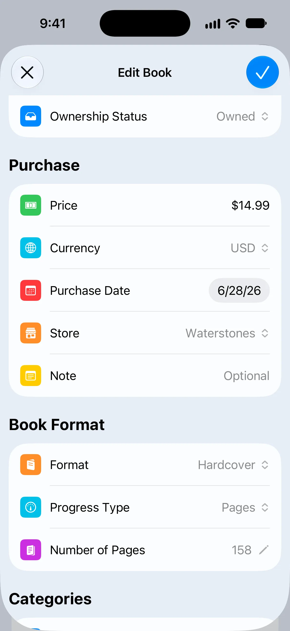 Edit Book with Ownership Status set to Owned and the Purchase section with price, currency, date and store