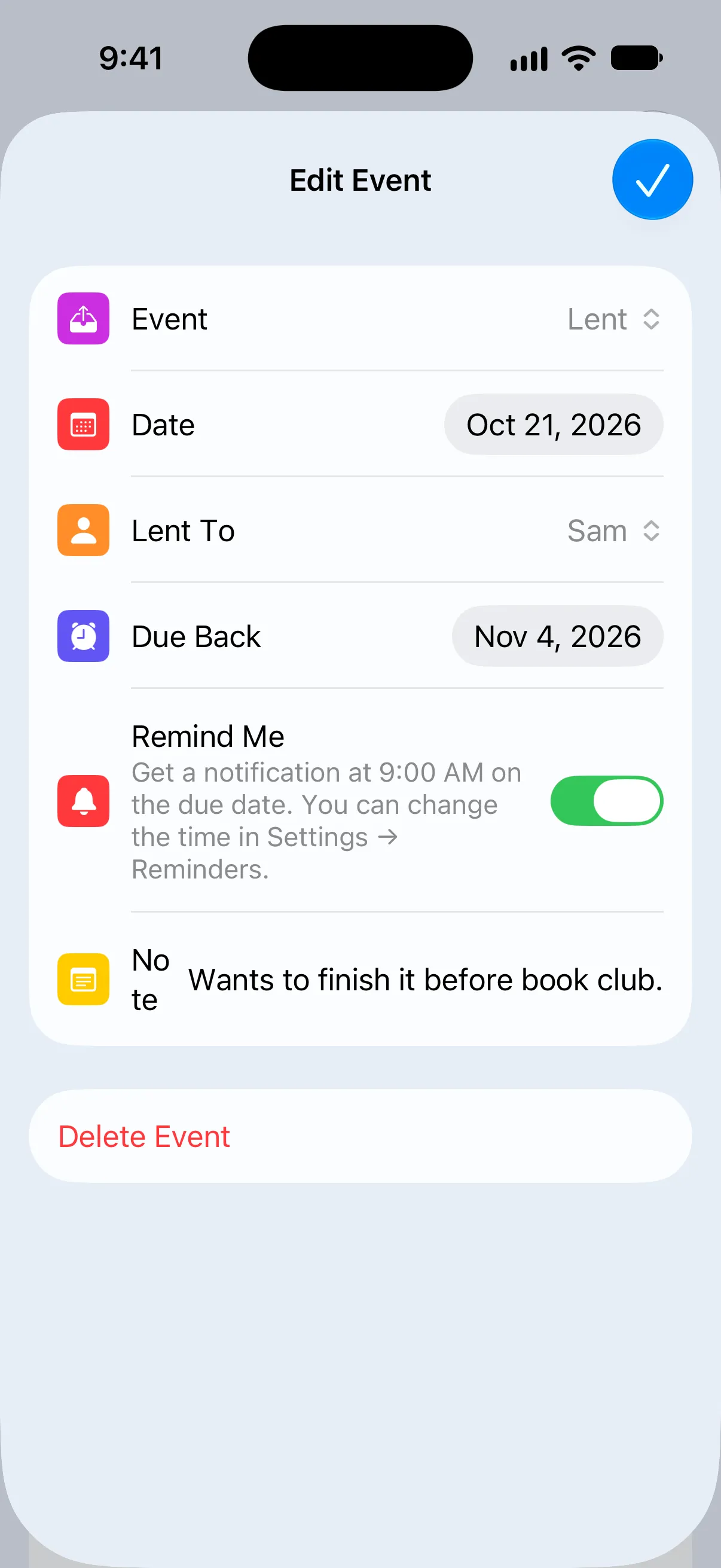 A Lent event with the date, Lent To, a Due Back date and Remind Me turned on