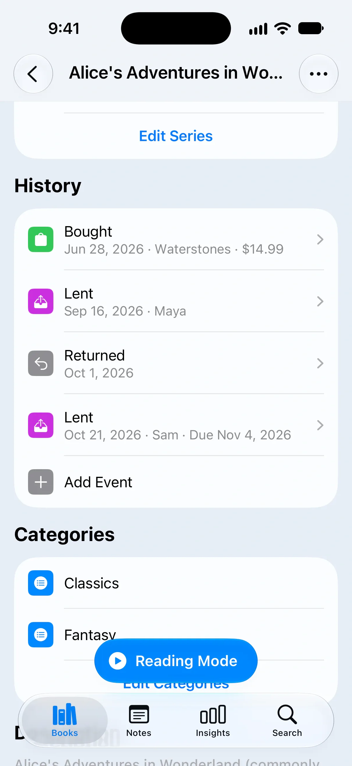 A book's History with Bought, Lent and Returned events
