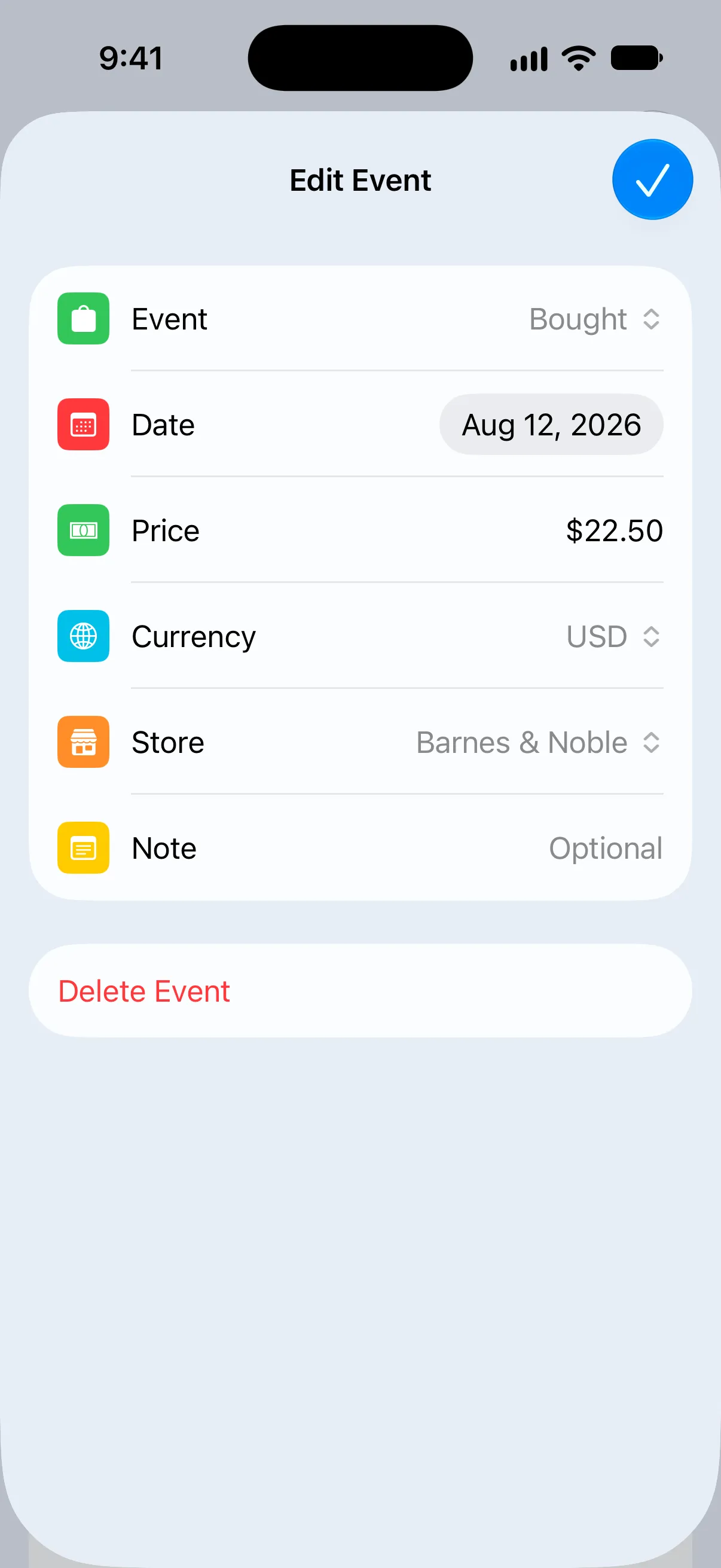 A Bought event with the date, price, currency and store