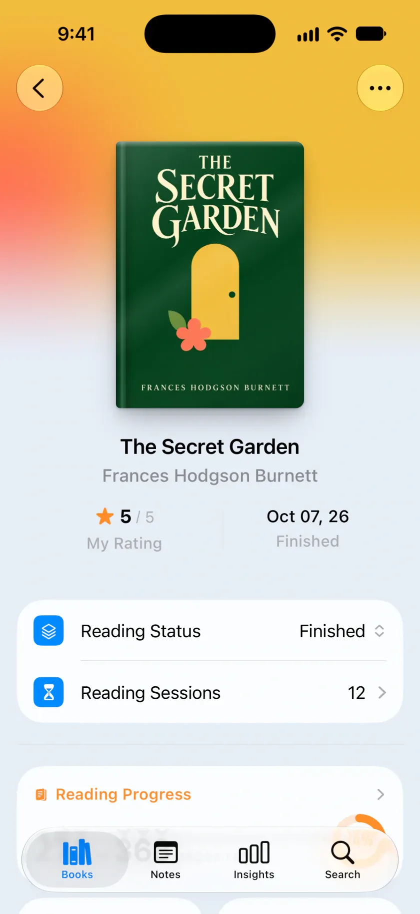 A finished book with its rating and reading sessions in Bookrise