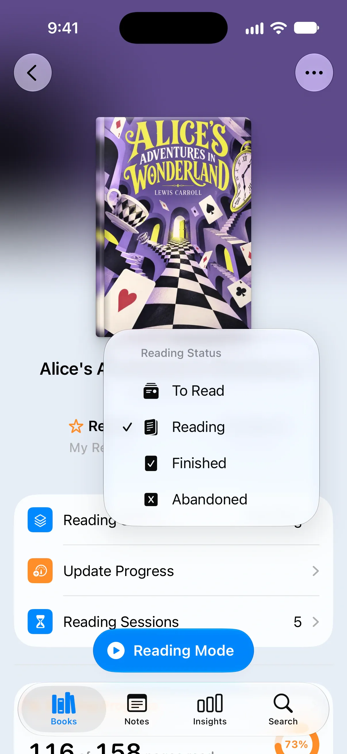 A book's page with the Reading Status menu open, showing To Read, Reading, Finished and Abandoned