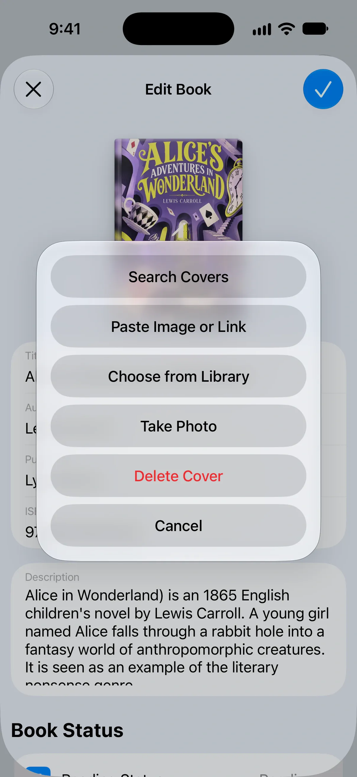 Edit Cover options: Search Covers, Paste Image or Link, Choose from Library, Take Photo and Delete Cover