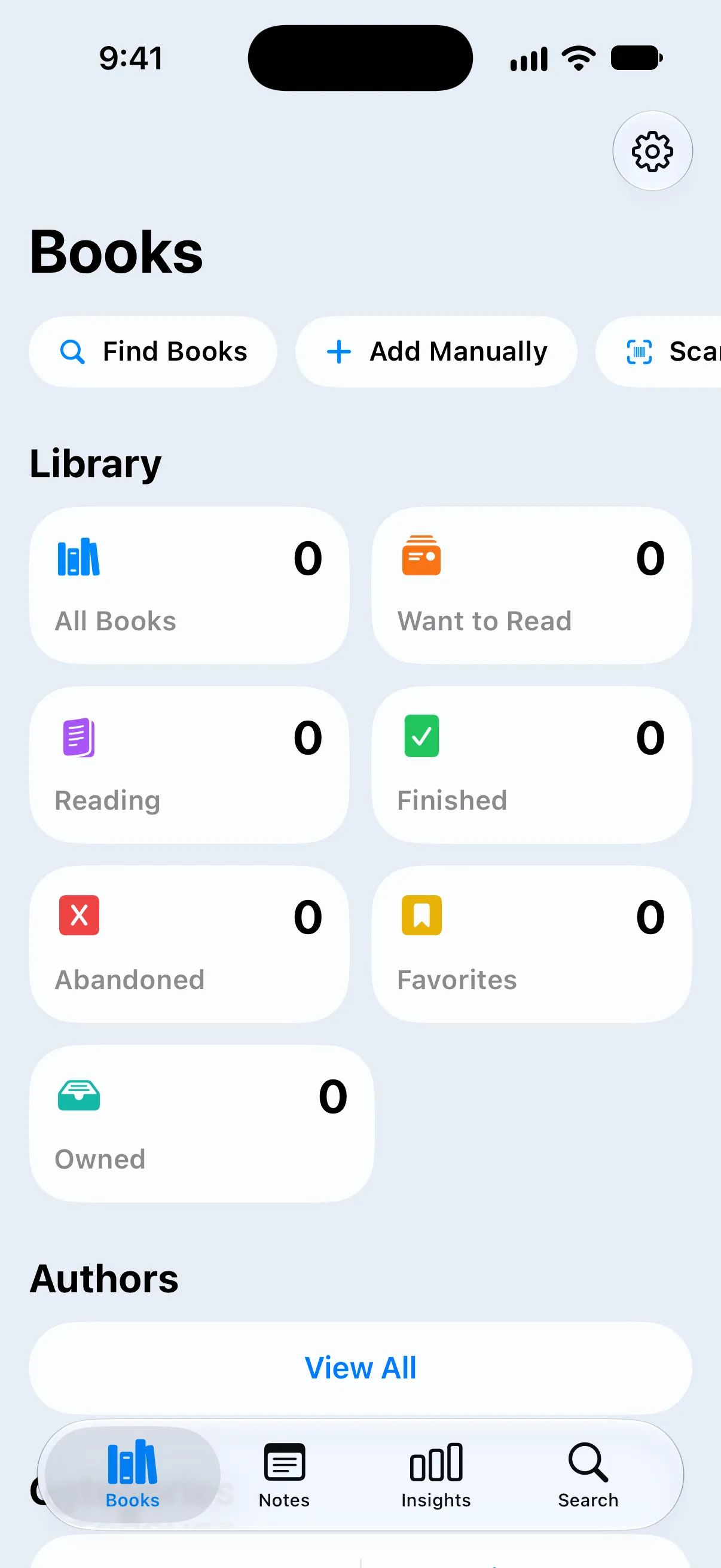 An empty Books tab with Find Books, Add Manually and Scan Barcode buttons above the Library section