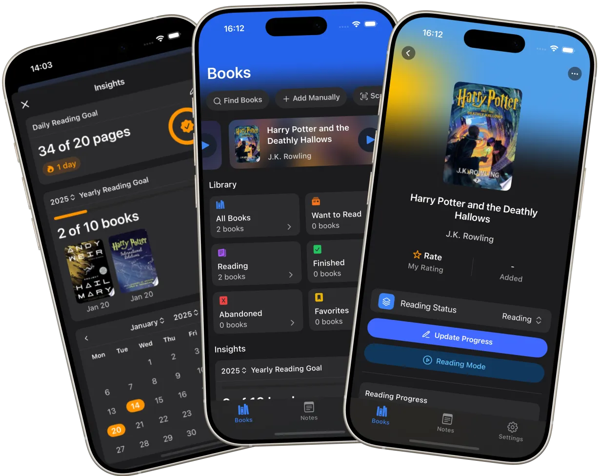 Bookrise app showing a personal book library and reading progress