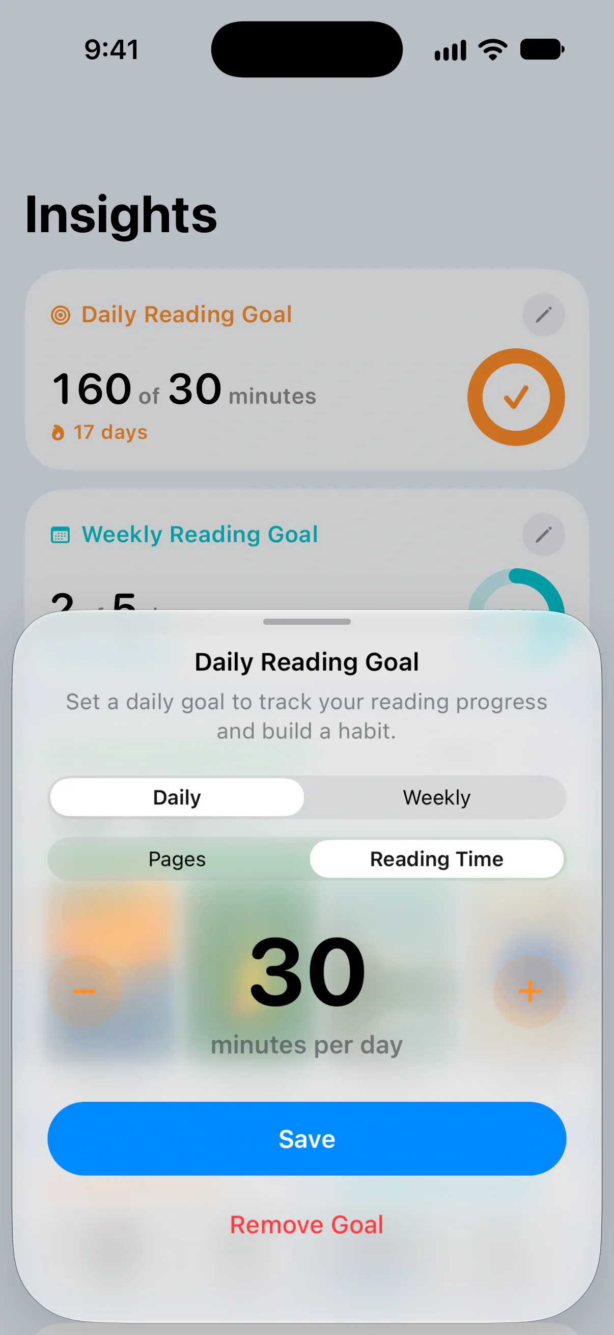 A daily reading goal set to 30 minutes in Bookrise