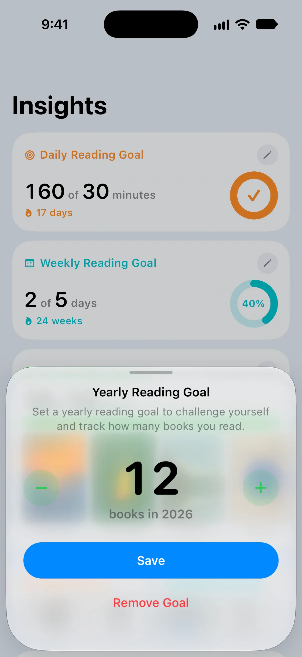 Goals: Choose how many pages or minutes to read each day and how many books to finish this year.