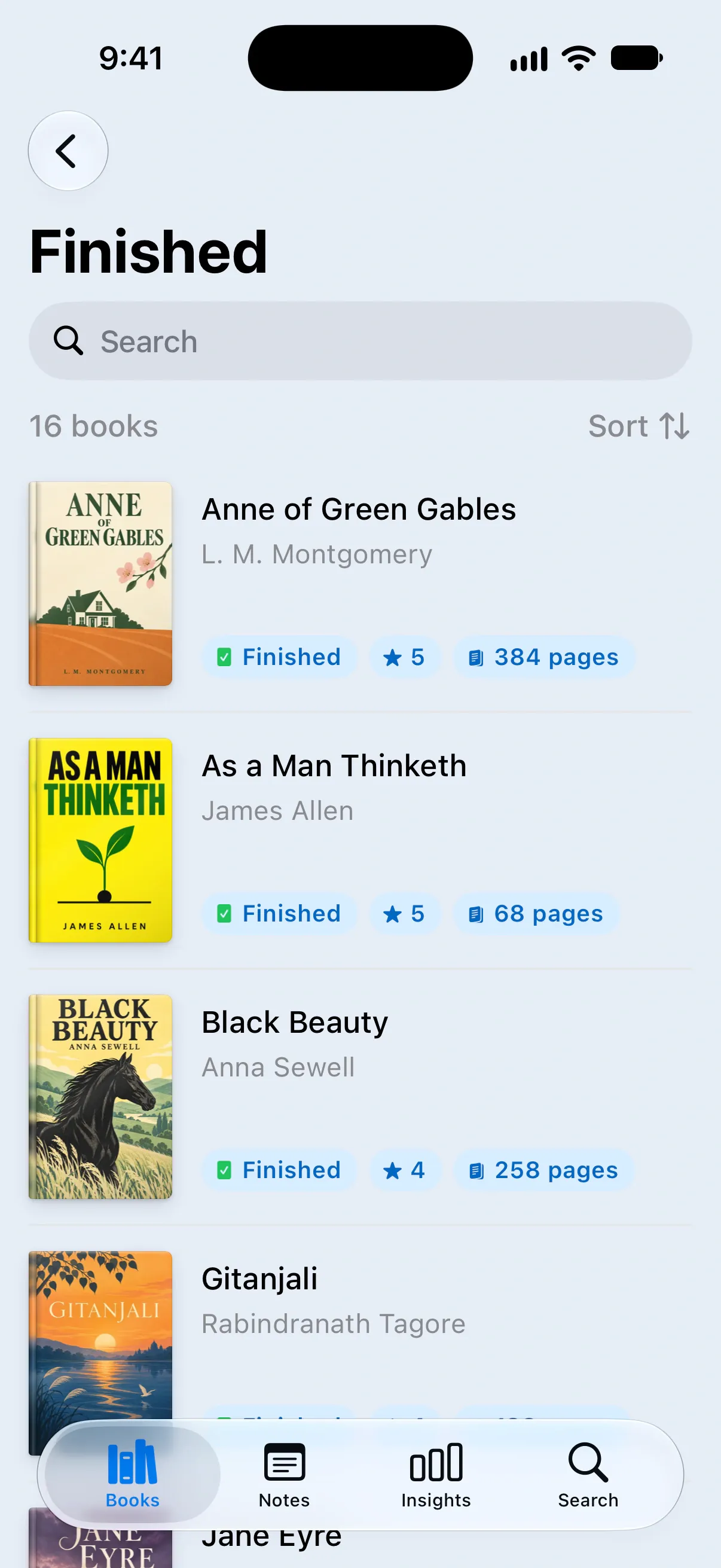 The Finished list with 16 books, a search field and a Sort button