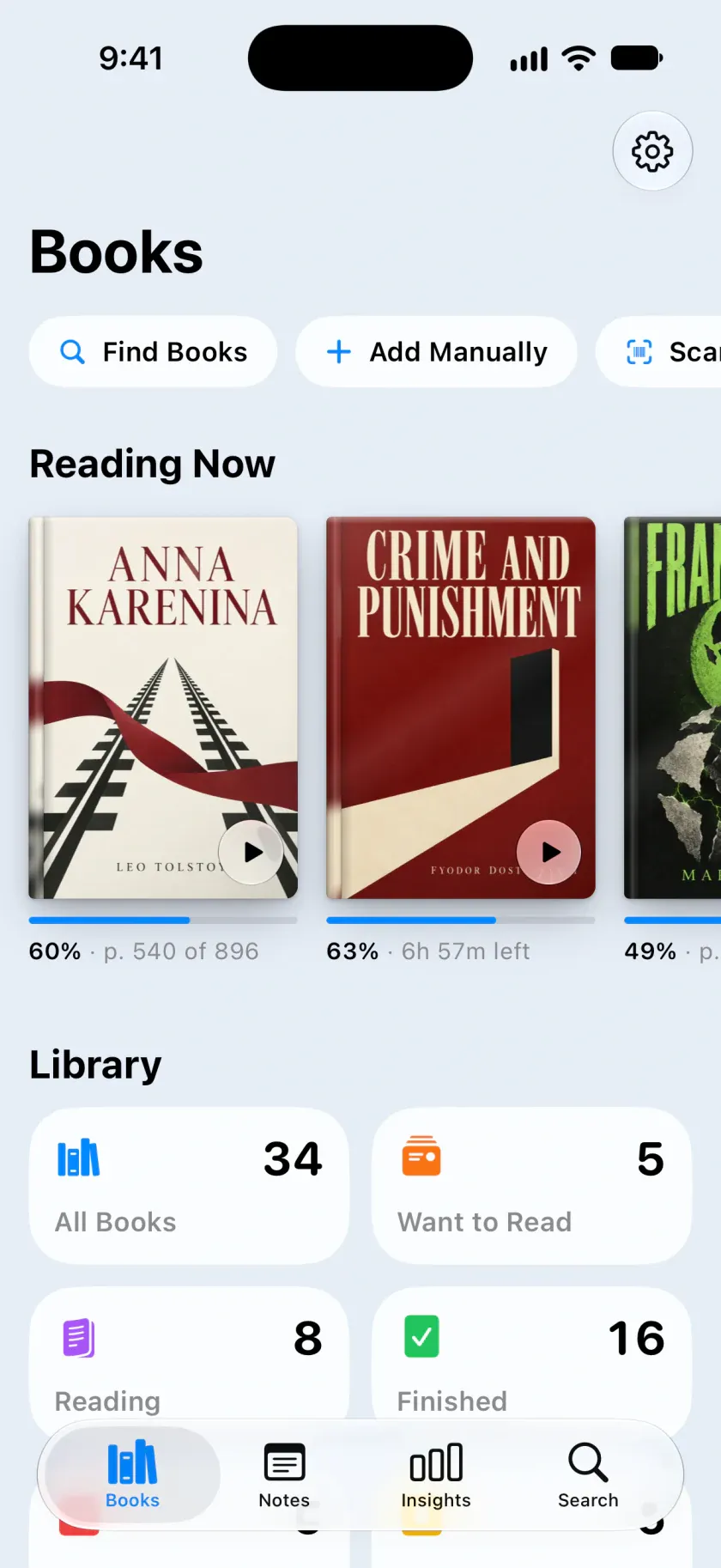 Bookrise app showing a personal book library and reading progress