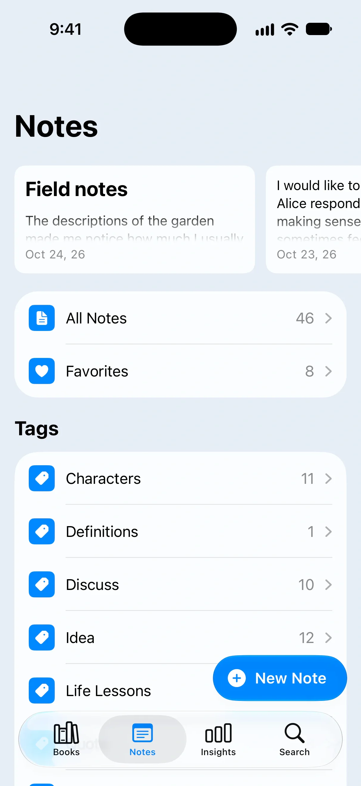 All your notes: Find your quotes, notes and ideas together in one place.