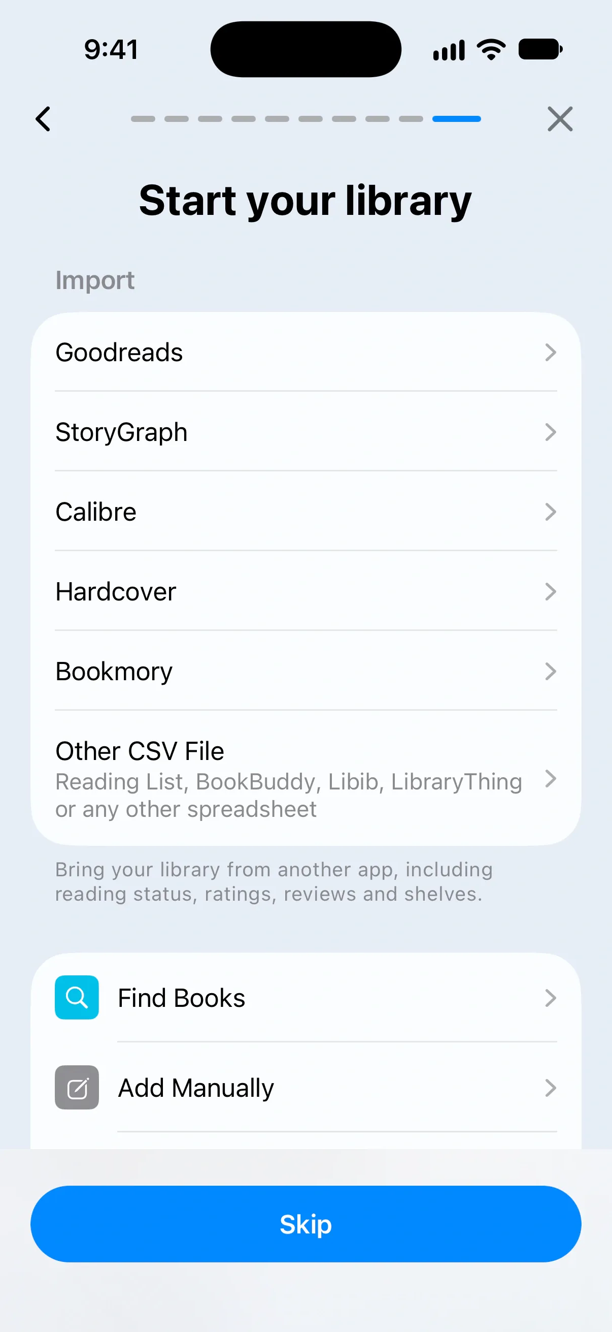 The Start your library onboarding page with the import options, Find Books and Add Manually