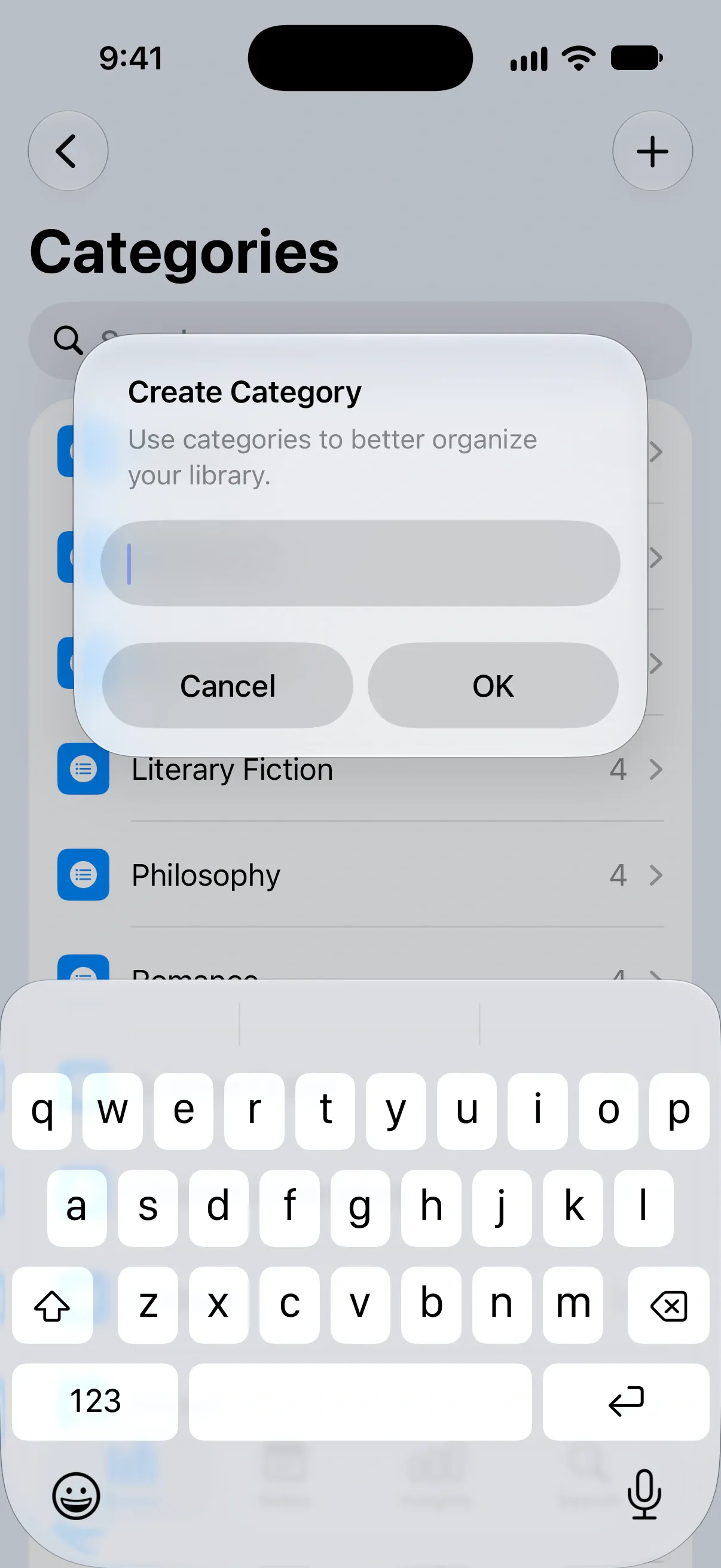 The Create Category prompt over the list of categories