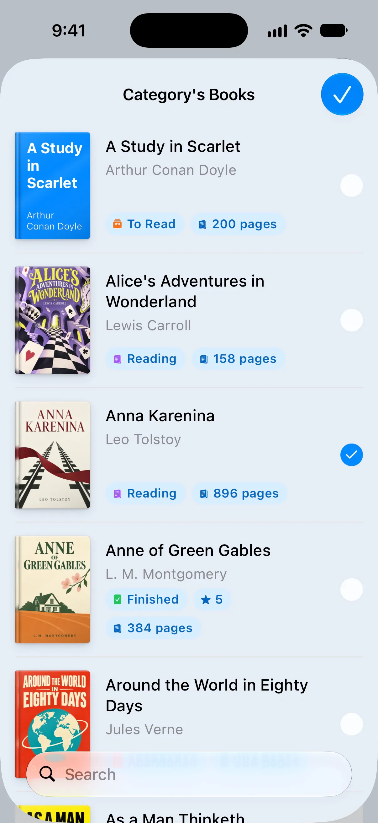 Category's Books with a circle next to each book and one book checked