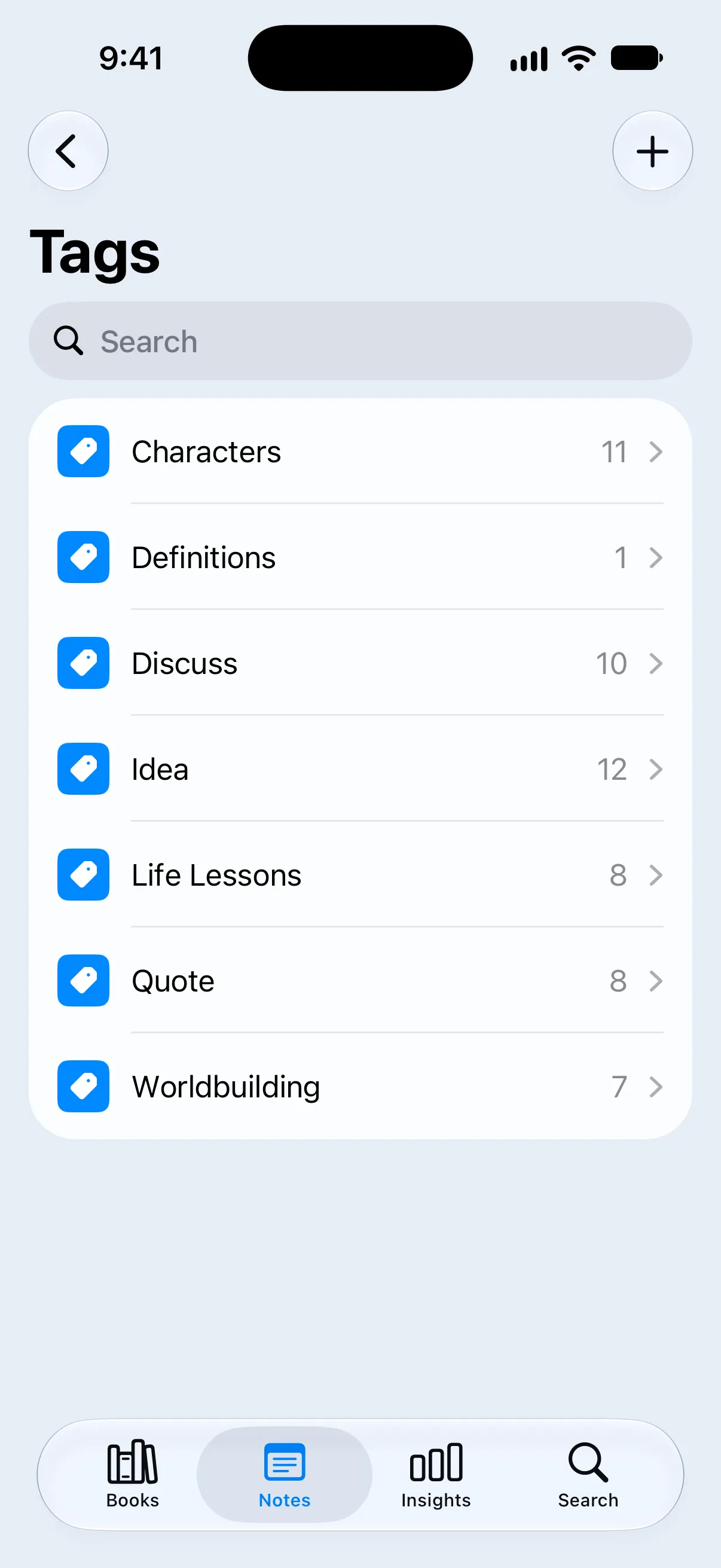 Organize with tags: Group notes by theme, like Quotes or Ideas, or create your own tags.