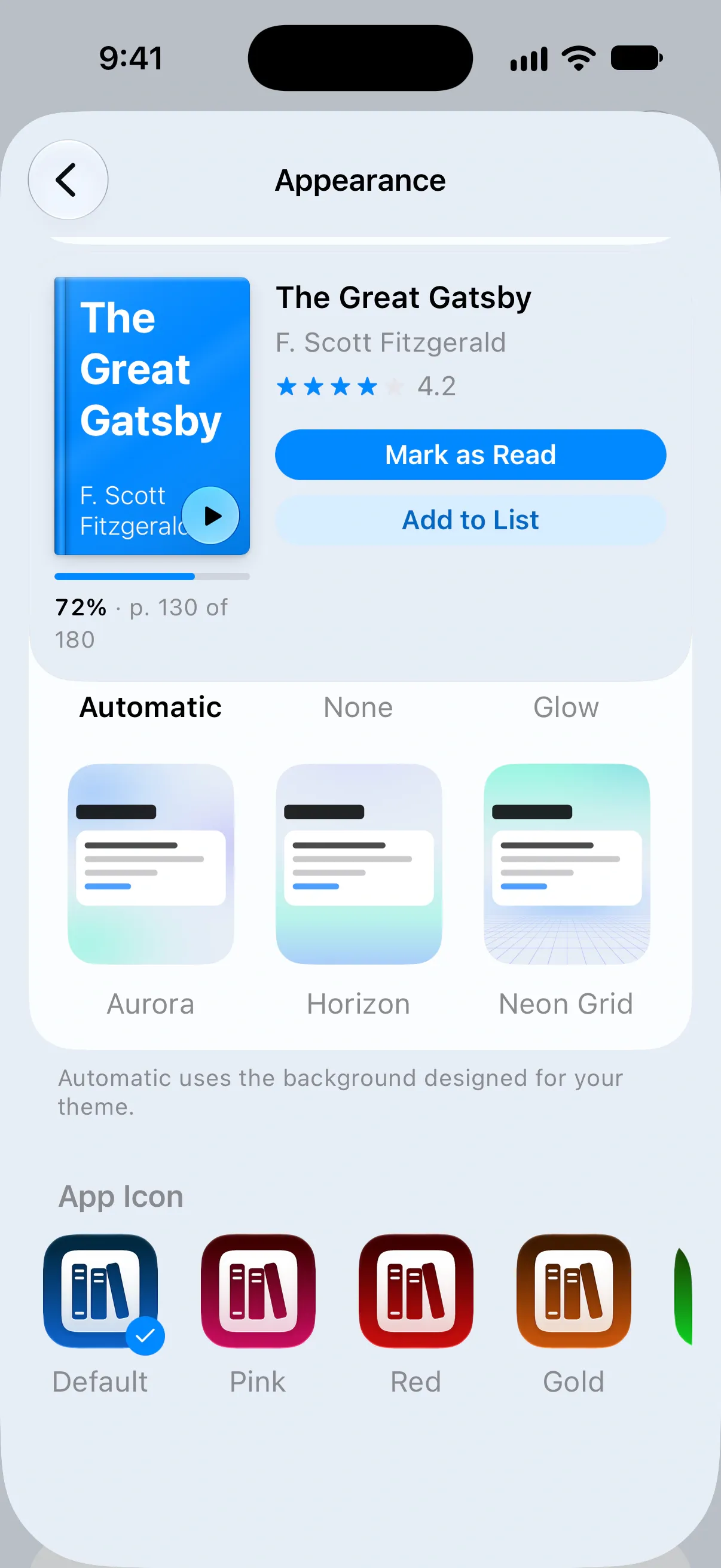 The App Icon row with Default, Pink, Red, Gold and Green icons