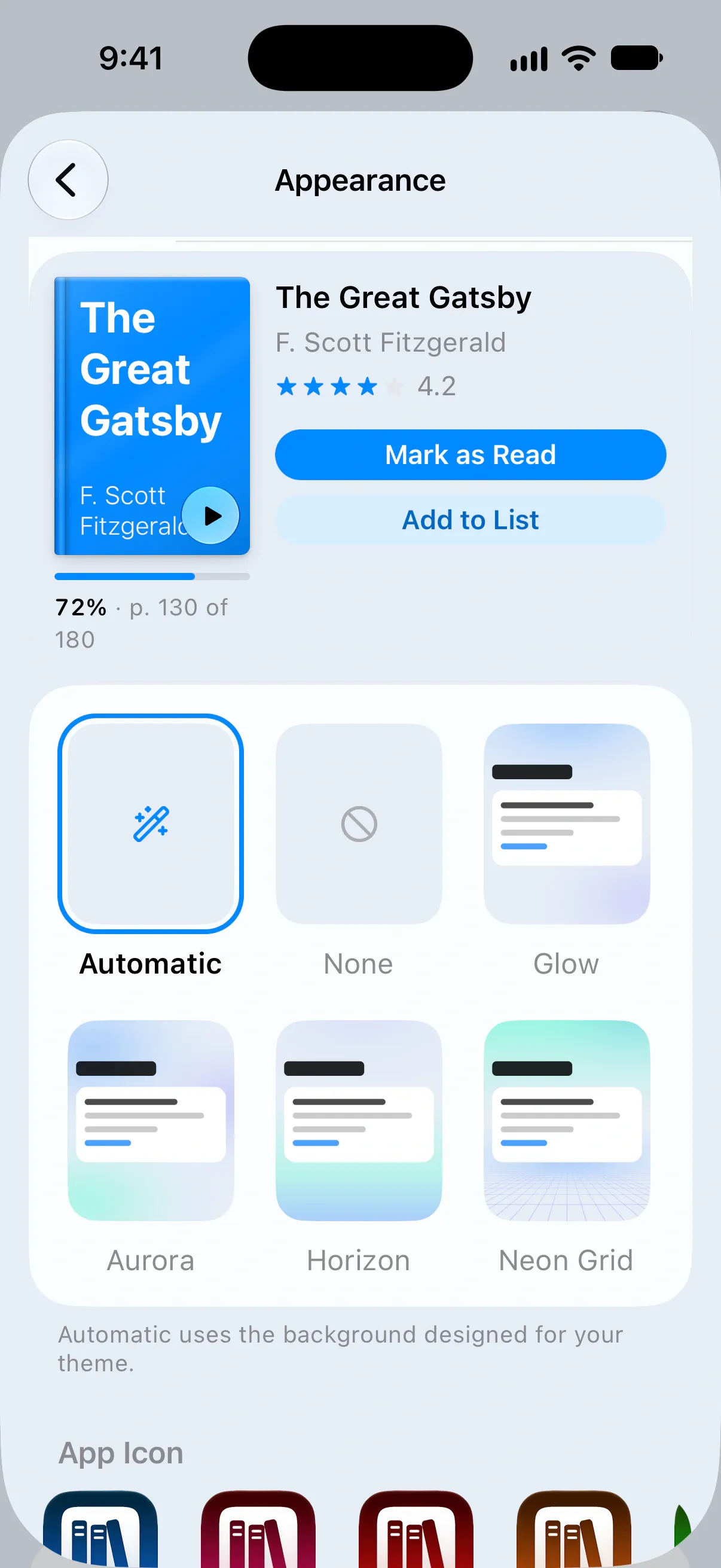 Background options Automatic, None, Glow, Aurora, Horizon and Neon Grid, above the App Icon row
