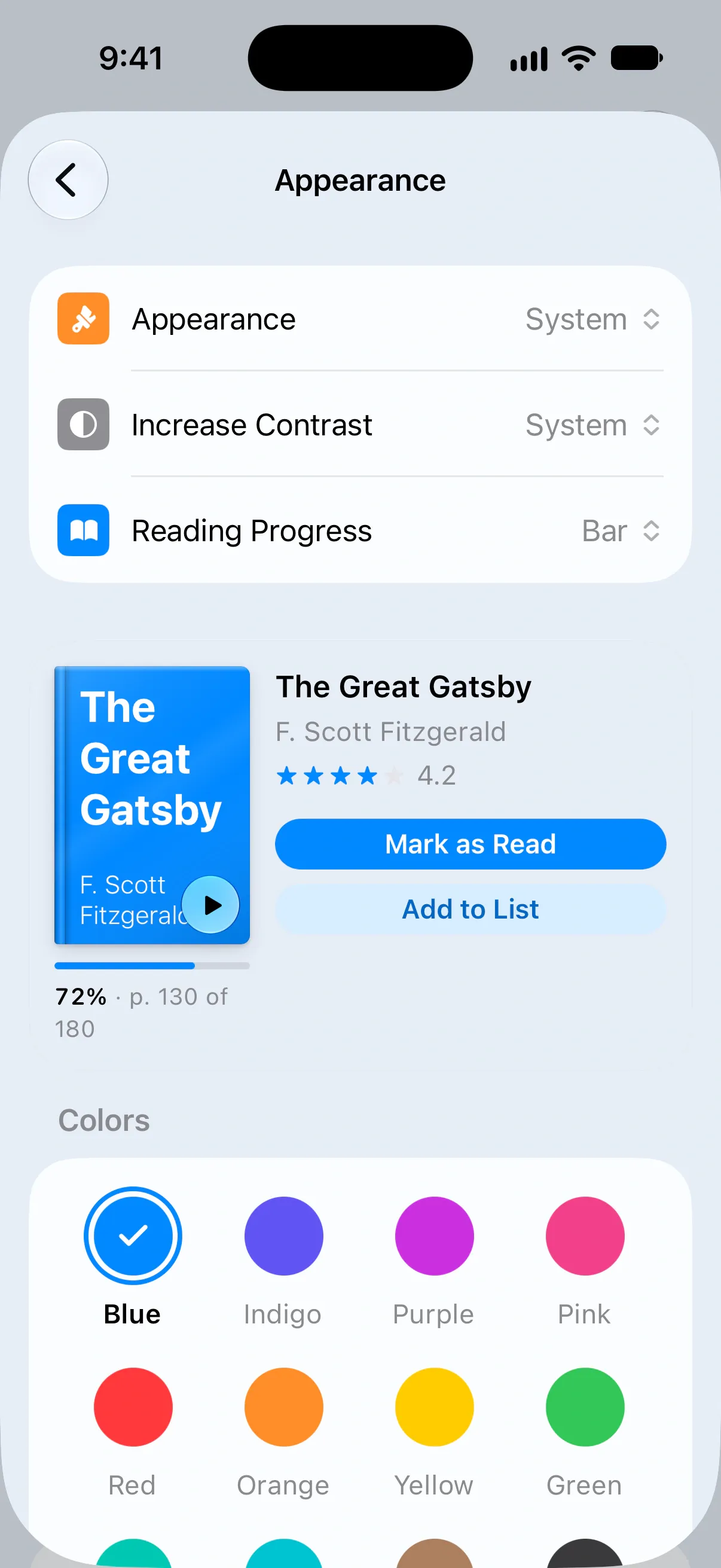 The Appearance screen with Appearance, Increase Contrast and Reading Progress rows, a preview card and the Colors grid