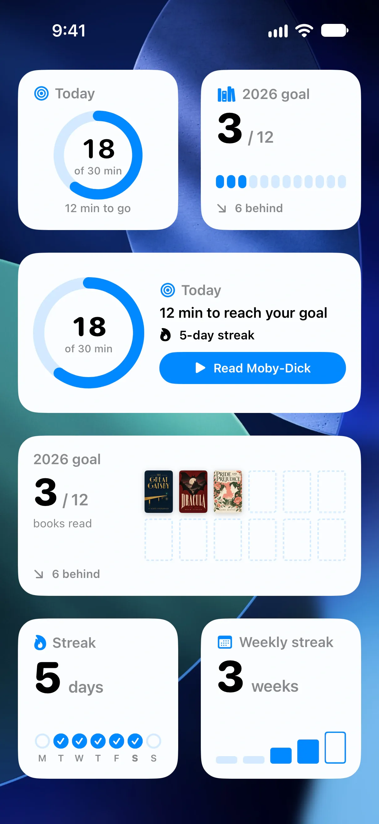 Widgets, Live Activity and Siri: Home Screen · Daily and yearly goals, streaks