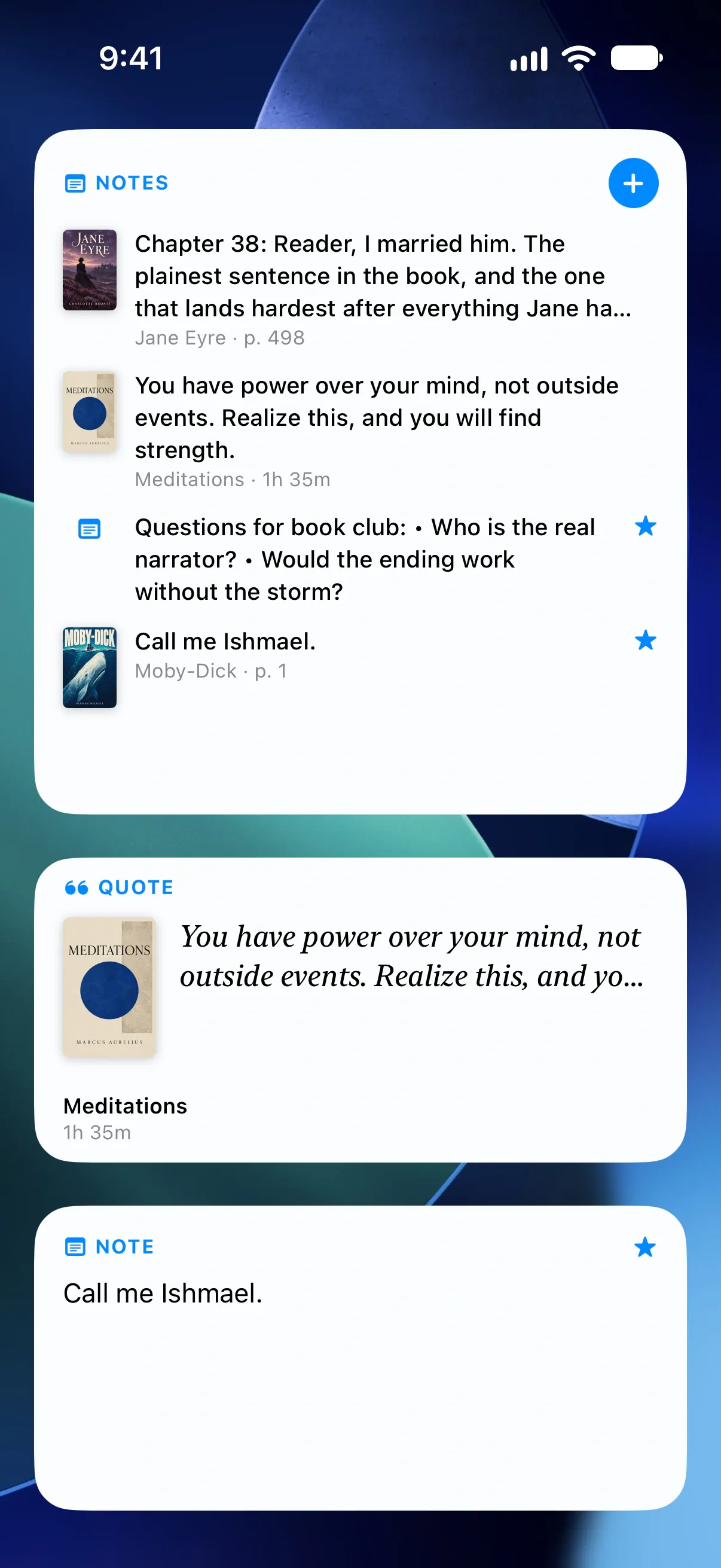 Widgets, Live Activity and Siri: Home Screen · Notes, large, a quote and a note without its book